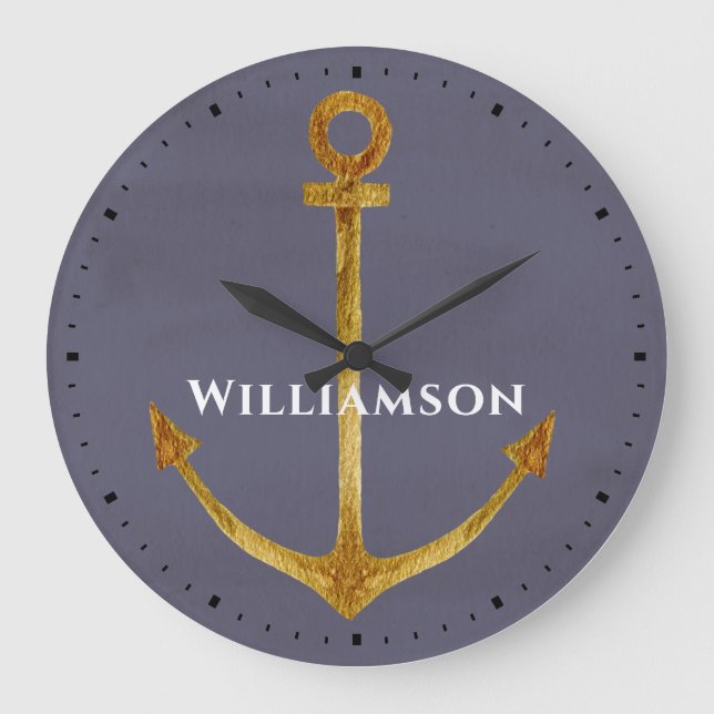 Elegant Nautical Gold Boat Anchor Monogram Large Clock (Front)