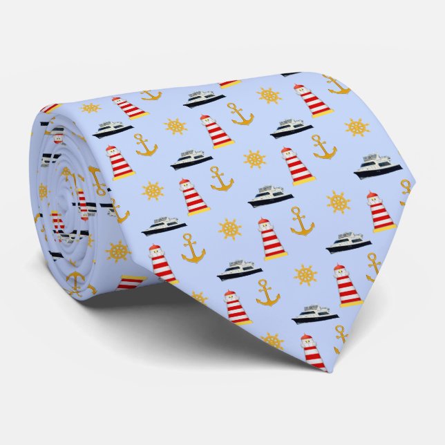 Elegant Nautical Icons on Light Blue Neck Tie (Rolled)