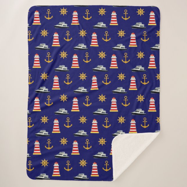 Elegant Nautical Icons on Navy Blue Sherpa Blanket (Front)