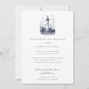 Elegant Nautical Lighthouse Illustration Wedding Invitation