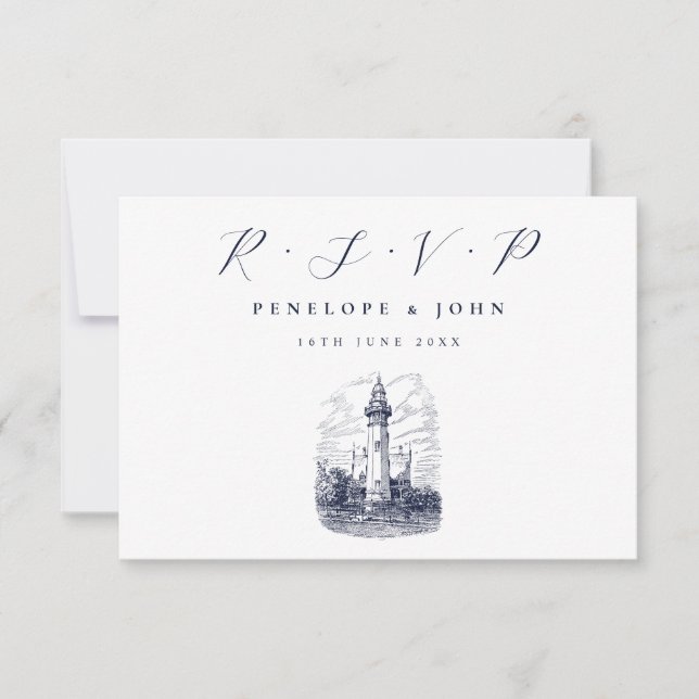 Elegant Nautical Lighthouse Illustration Wedding RSVP Card (Front)