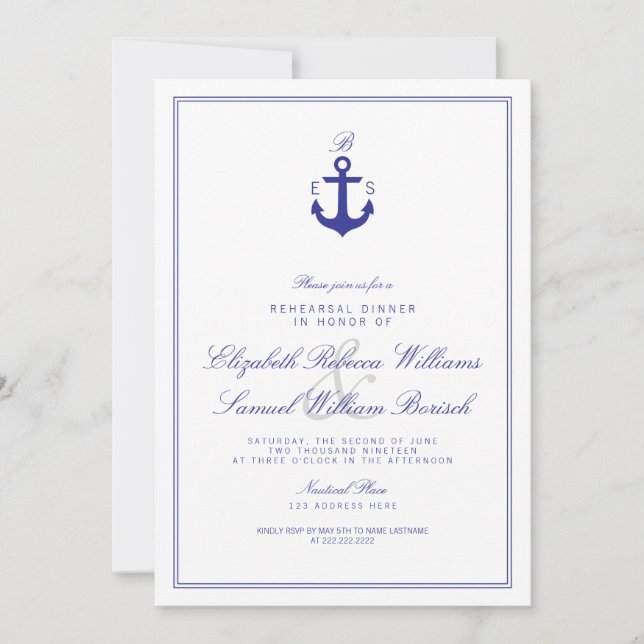 Elegant Nautical Monogram Rehearsal Dinner Invite (Front)