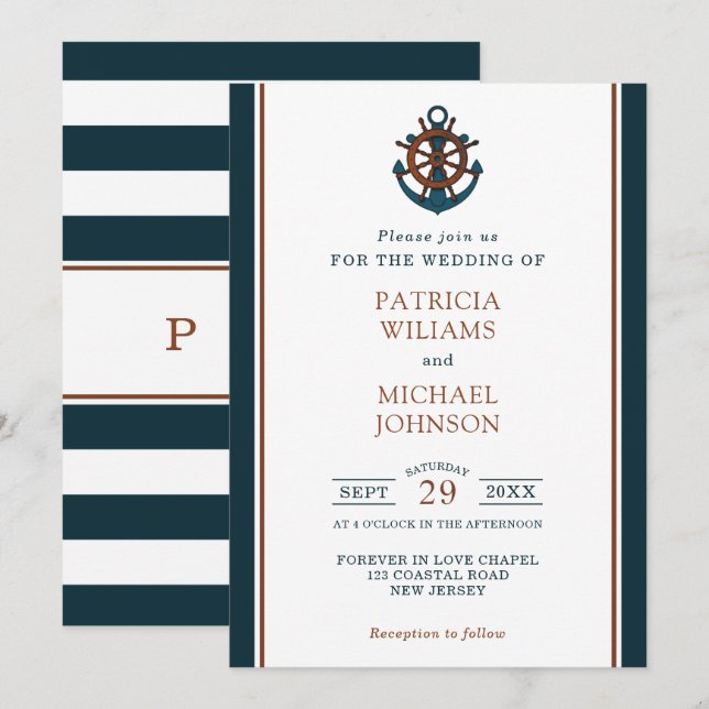 Elegant Nautical Navy Anchor Wedding Invitation (Front/Back)