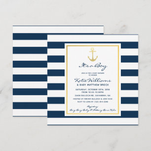 Elegant Nautical Navy and Gold Anchor Baby Shower Invitation