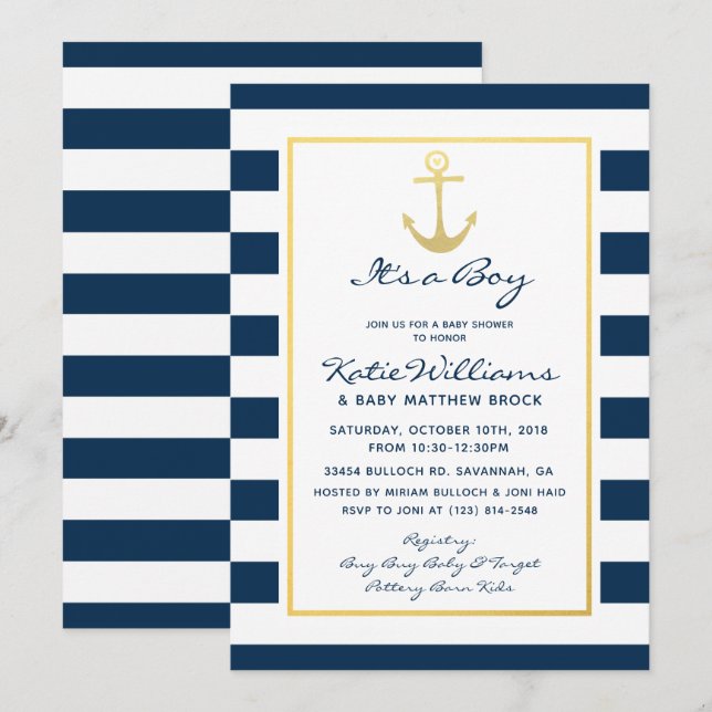 Elegant Nautical Navy and Gold Boy Baby Shower Invitation (Front/Back)