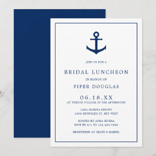 Elegant Nautical Navy Blue Anchor Bridal Luncheon Invitation