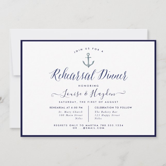 Elegant Nautical Navy Blue Anchor Rehearsal Dinner Invitation (Front)