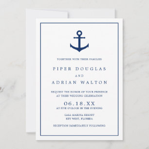 Elegant Nautical Navy Blue Anchor Wedding Invitation