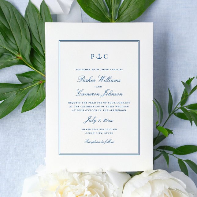 Elegant Nautical Navy Blue Anchor Wedding Invitation (This elegant anchor monogram wedding invitation matches the Coastal Map Designs Save the dates)