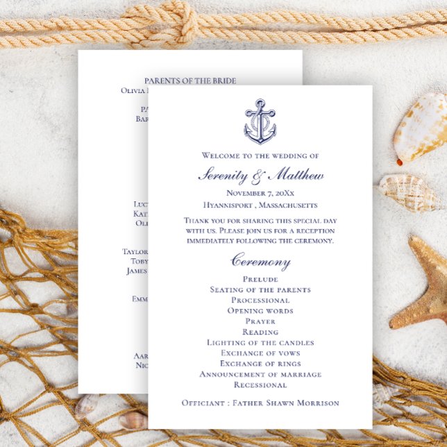 Elegant Nautical Navy Blue Anchor Wedding Program (Creator Uploaded)
