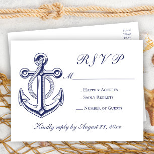 Elegant Nautical Navy Blue Anchor Wedding RSVP  Invitation Postcard