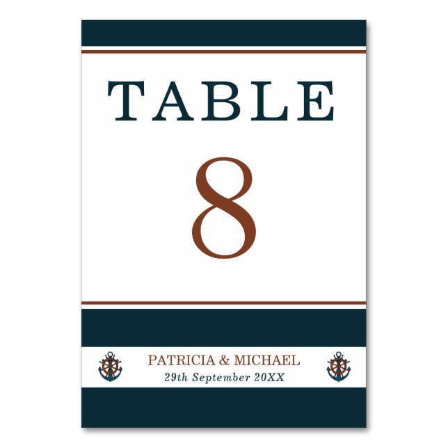 Elegant Nautical Navy Blue Anchor Wedding Table Number (Front)