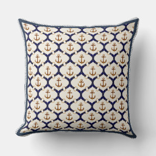 Elegant Nautical Navy Blue & Gold Anchor Trellis Cushion