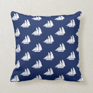 Elegant Nautical  Sailing Yacht Pattern on Blue Cushion