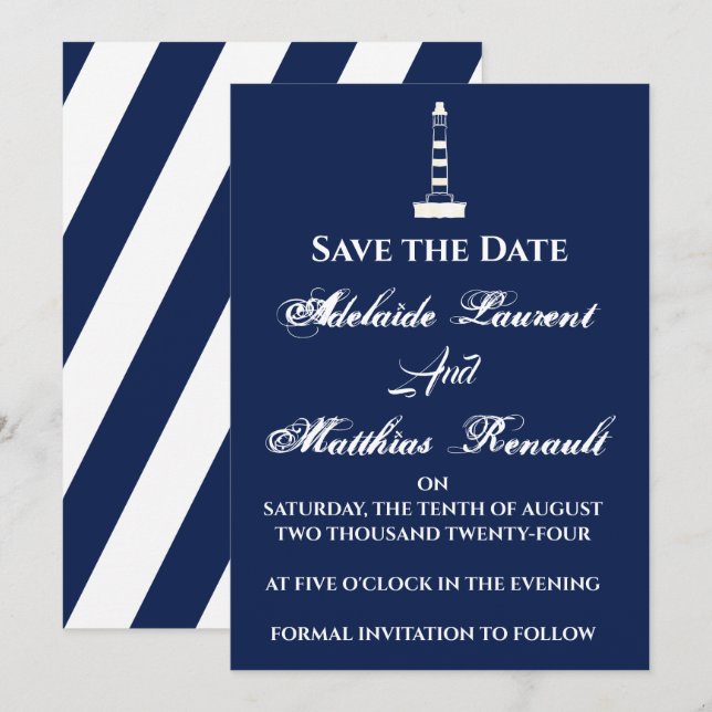 Elegant Nautical Save the Date - Navy Blue, Invitation (Front/Back)