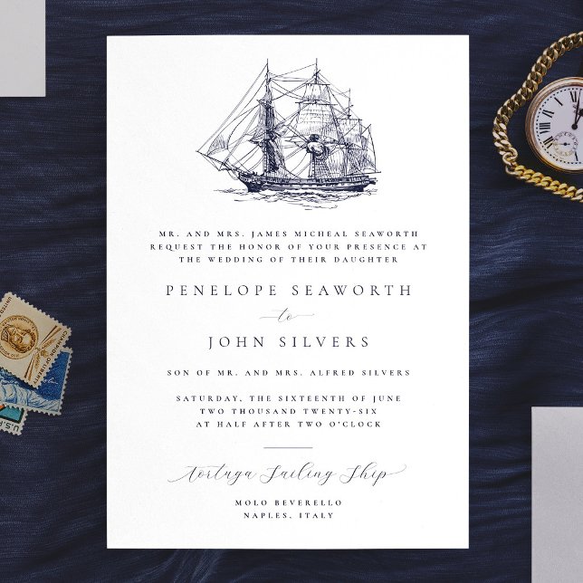 Elegant Nautical Ship Illustration Formal Wedding Invitation (Elegant Nautical Ship Illustration Formal Wedding Invitation)