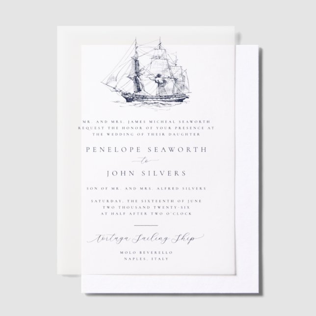 Elegant Nautical Ship Illustration Formal Wedding Vellum Invitations (Offset)