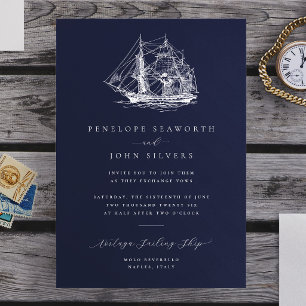 Elegant Nautical Ship Illustration Navy Wedding Invitation