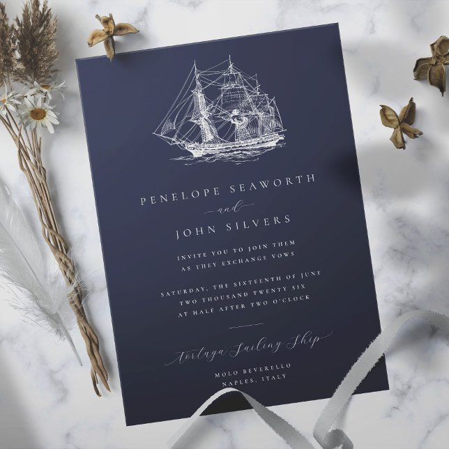 Elegant Nautical Ship Illustration Navy Wedding Invitation (Navy blue wedding invitation with an illustration of a ship)