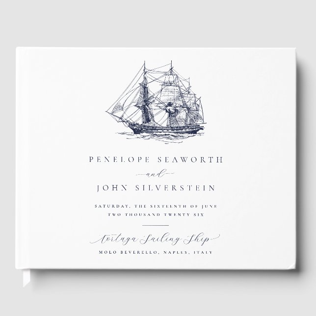 Elegant Nautical Ship Illustration Wedding Guest Book (Front)
