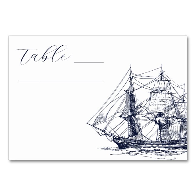 Elegant Nautical Ship Illustration Wedding Table Number (Front)
