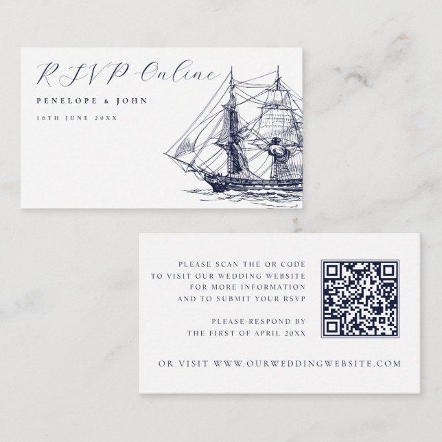 Elegant Nautical Ship Illustration Wedding Website Enclosure Card (Front/Back)