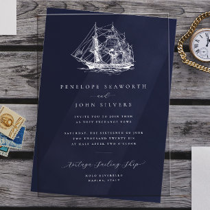 Elegant Nautical Ship Illustration White Wedding Acrylic Invitations
