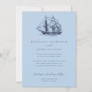 Elegant Nautical Ship Sky Blue Wedding Invitation