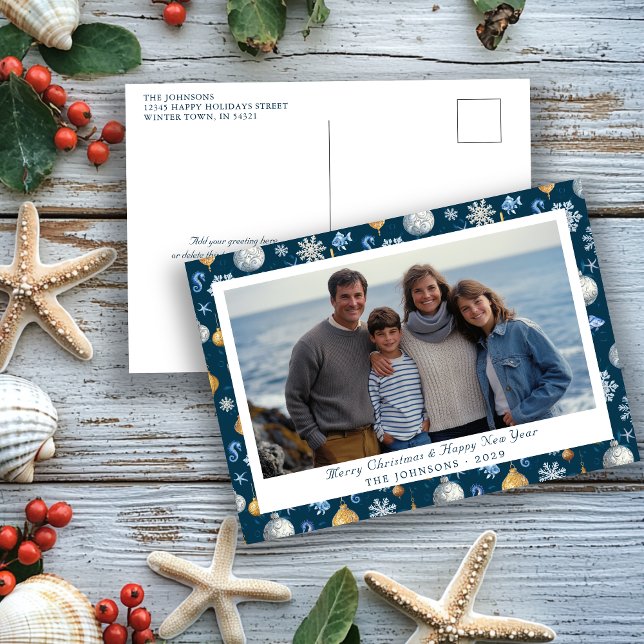 Elegant Nautical Snowflakes & Elements Photo Holiday Postcard (Elegant Nautical Snowflakes and Elements Photo Holiday Postcard)