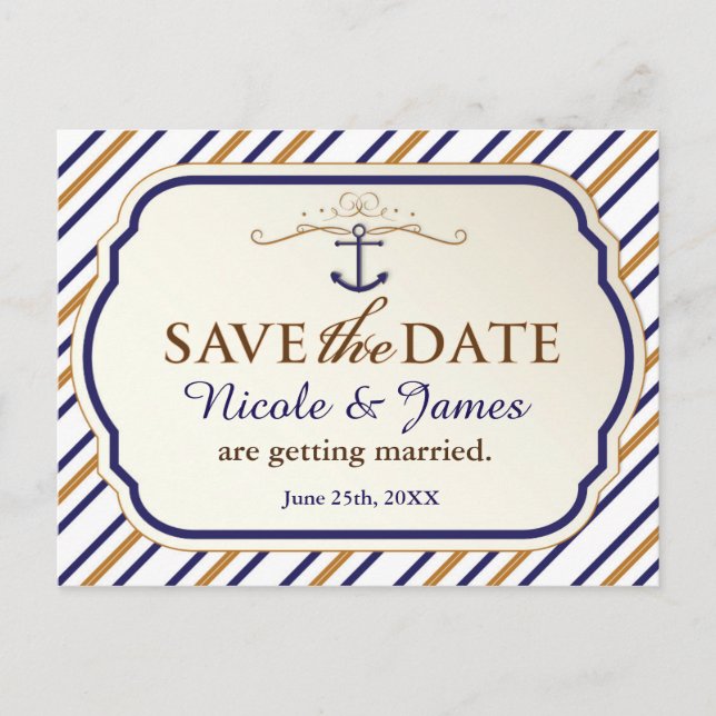 Elegant Nautical Stripe Save The Date Postcard (Front)