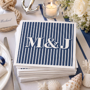 ELEGANT Nautical Striped Blue and White Initials Napkin