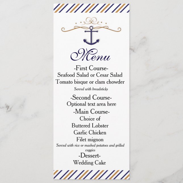 Elegant Nautical Striped Gold Blue Wedding Menu (Front)