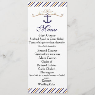 Elegant Nautical Striped Gold Blue Wedding Menu