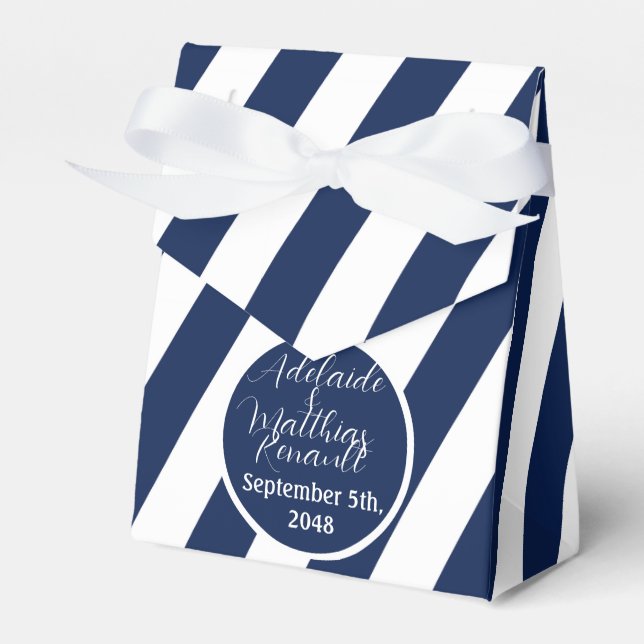 Elegant Nautical Striped Wedding -Navy Blue, White Favour Box (Front Side)