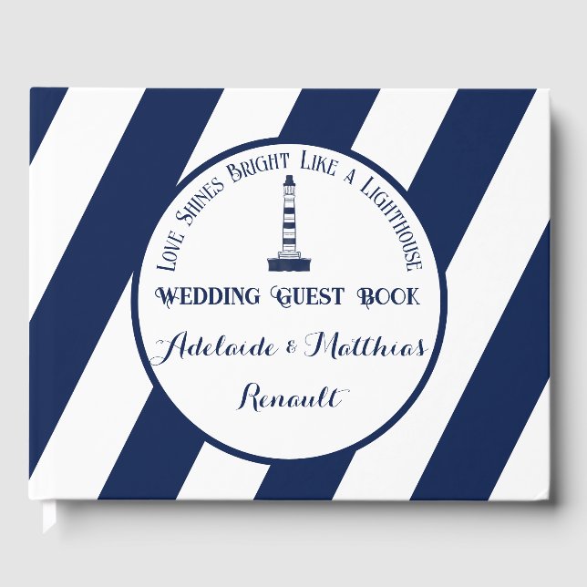 Elegant Nautical Striped Wedding -Navy Blue, White Guest Book (Front)