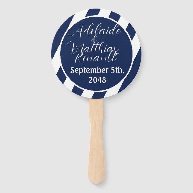 Elegant Nautical Striped Wedding -Navy Blue, White Hand Fan (Front)