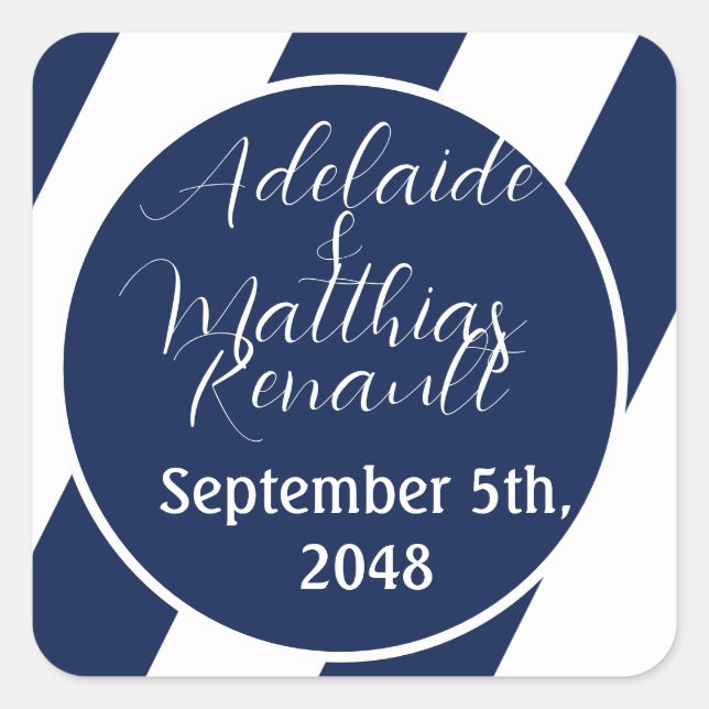 Elegant Nautical Striped Wedding -Navy Blue, White Square Sticker (Front)