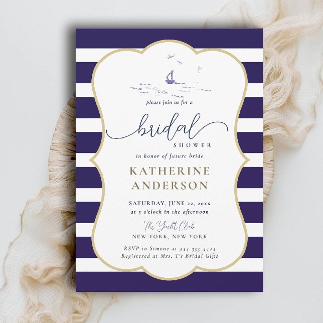 Elegant Nautical Stripes Boat Modern Bridal Shower Invitation (nautical bridal shower invitation coastal beach yacht boat sailing stripes elegant frame)