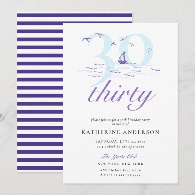Elegant Nautical Stripes Boat Ocean 30th Birthday Invitation (Front/Back)