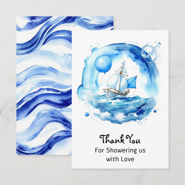Elegant Nautical Watercolor Boy Baby Shower Thank You Card (Front/Back)