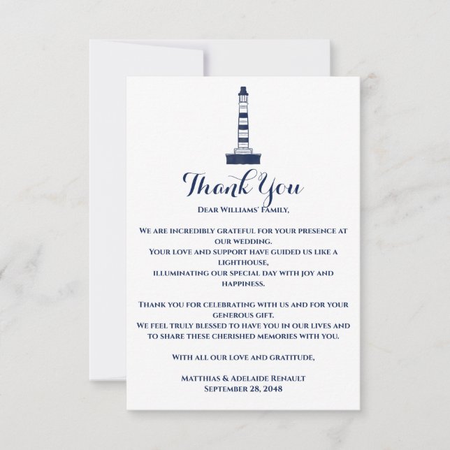 Elegant Nautical Wedding Lighthouse White & Blue Thank You Card (Front)
