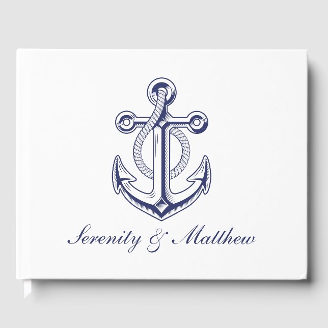 Elegant Nautical Wedding Navy Blue Anchor Sailor Guest Book (Front)