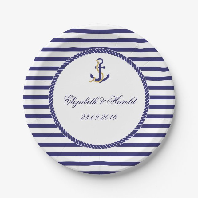 Elegant Nautical Wedding Navy Stripes Paper Plate (Front)