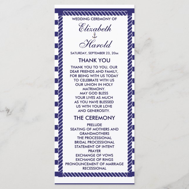 Elegant Nautical Wedding Navy Stripes Program Card (Front)
