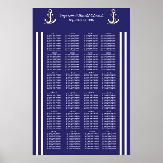 Elegant Nautical Wedding Navy Stripes Seat Chart (Front)