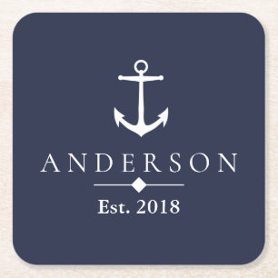 Elegant Nautical White Anchor & Family Name Square Paper Coaster