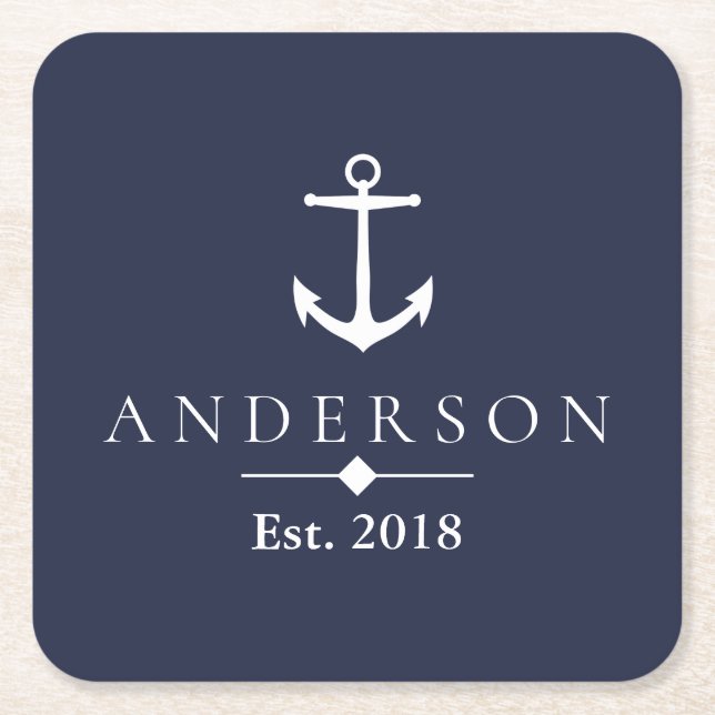 Elegant Nautical White Anchor & Family Name Square Paper Coaster (Front)