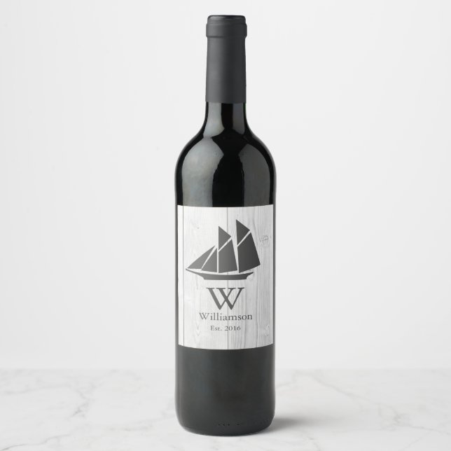 Elegant Nautical White Wood Grey Sailboat Wine Label (Front)
