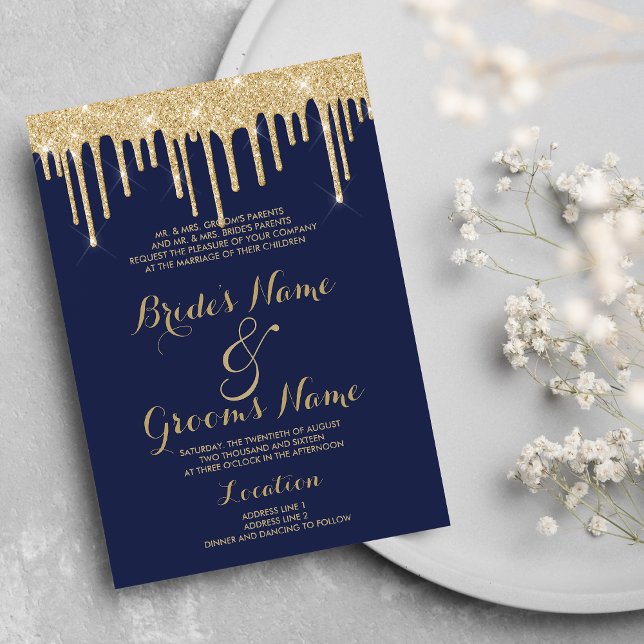 Elegant nave blue gold glitter drips Wedding Invitation (Elegant nave blue gold glitter drips Wedding )