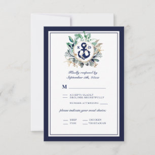 Elegant Navy Anchor Greenery Lines Meal Choice RSVP Card